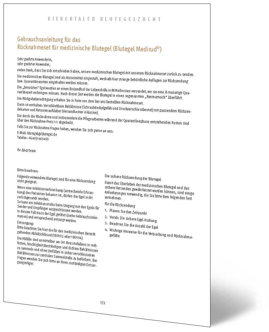 Gebrauchsanweisung für das Rücknahmeset für medizinische Blutegel (Blutegel Medirud®)